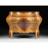 AN ITALIAN ROCOCO STYLE CARVED WALNUT BOMBE CHEST OF DRAWERS, LATE 19TH/EARLY 20TH CENTURY, the