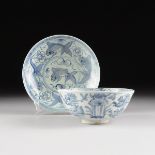 TWO VIETNAMESE/ANNAMESE BLUE AND WHITE GLAZED STONEWARE DISHES, each decorated with underglaze