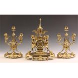 A good late 19th Century French Cast Brass three piece MANTEL GARNITURE CLOCK SET with three