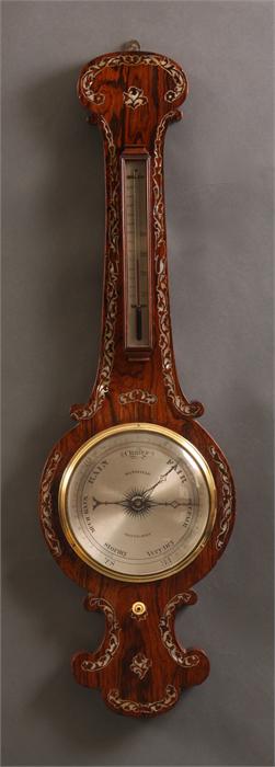 MANSFIELD, SHAFTESBURY An early Victorian mother of pearl inlaid Rosewood WHEEL BAROMETER with