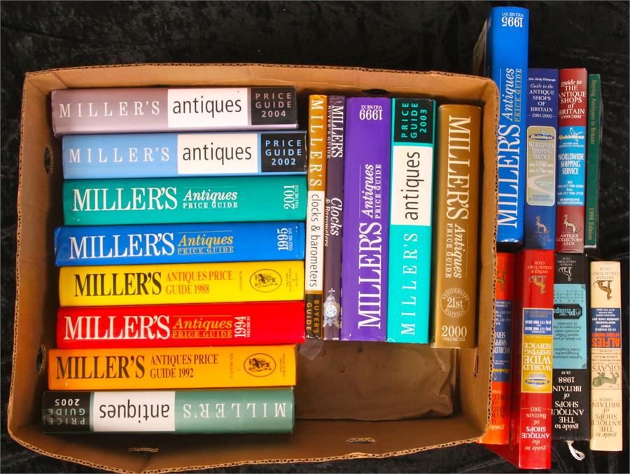 A boxed collection of Millers Price Guides, Guidebooks to the Antique Shops of Britain, Millers