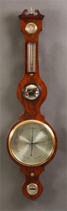 GALFETTI, WORCESTER A good late Georgian flame Mahogany inlaid five dial WHEEL BAROMETER/THERMOMETER