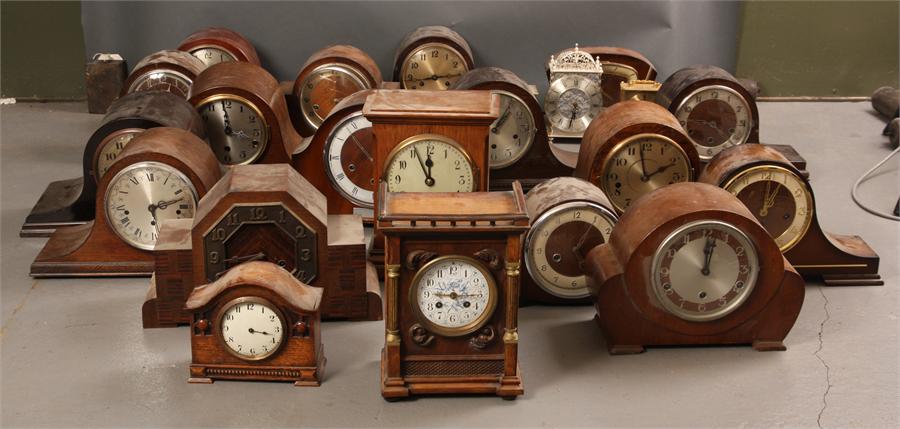 A large selection of 1920’s Oak and Walnut spring driven MANTEL CLOCKS, plus a boxed lot of