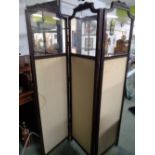 Edwardian Mahogany 3 Fold Screen with Carved Ribbon decoration, glass and Fabric panels, Height