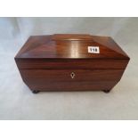 Georgian Mahogany sarcophagus shaped 2 division tea caddy standing on 4 squat bun feet, with solid