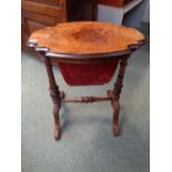 Victorian Walnut Shaped top Sewing table with Velvet lined pull out drawer, Turned supports and