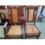 Pr Of Victorian Oak Barleytwist carved hall chairs with caned seats and back Condition – Good