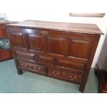 Early Georgian Elm Mule Chest of Panel front above 2 drawers with brass drop handles, supported on