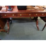 20thC Regency Style Desk with Red Leather inset top over 3 Drawers with brass circular handles,