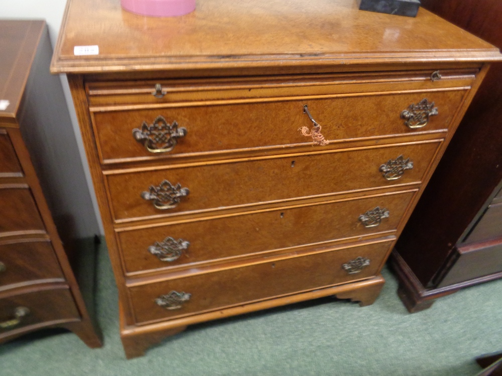 20thC Burr Walnut Chest of 4 drawers with brushing slide, Brass drop handles and bracket feet,