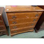 20thC Burr Walnut Chest of 4 drawers with brushing slide, Brass drop handles and bracket feet,