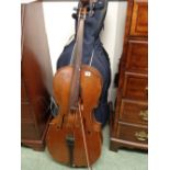 19thC Cello with carved scroll and Walnut Inlay and 2 part back with 20thC Bow and case, Length