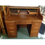 Oak 1920s Roll Top Desk with fitted interior, seven drawers with pull handles Condition – Good