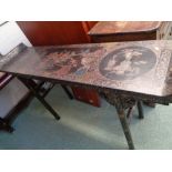 Early 20thC Lacquered Altar table with gilded Asian design, Height 92cm Width 153cm Condition – Good