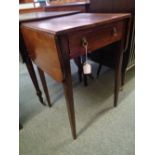 19thC Mahogany drop leaf side table with single drawer, brass lions face handles and tapering