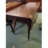 Mid 19thC Mahogany Pembroke table with Single Drawer supported on tapering turned legs and brass