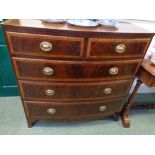 19thC Bow fronted Mahogany & Walnut Inlaid Chest of 2 over 3 Drawers with Oval Brass Drop Handles