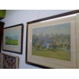 Framed print after A J Munnings R A entitled ‘The Paddock at Epsom, Spring Meeting’ and a signed