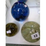 Large Late 19thC Blue Glass paperweight and 2 others