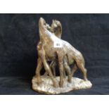 20thC African Carved Marble Giraffe group on naturalistic base, 31cm in Height