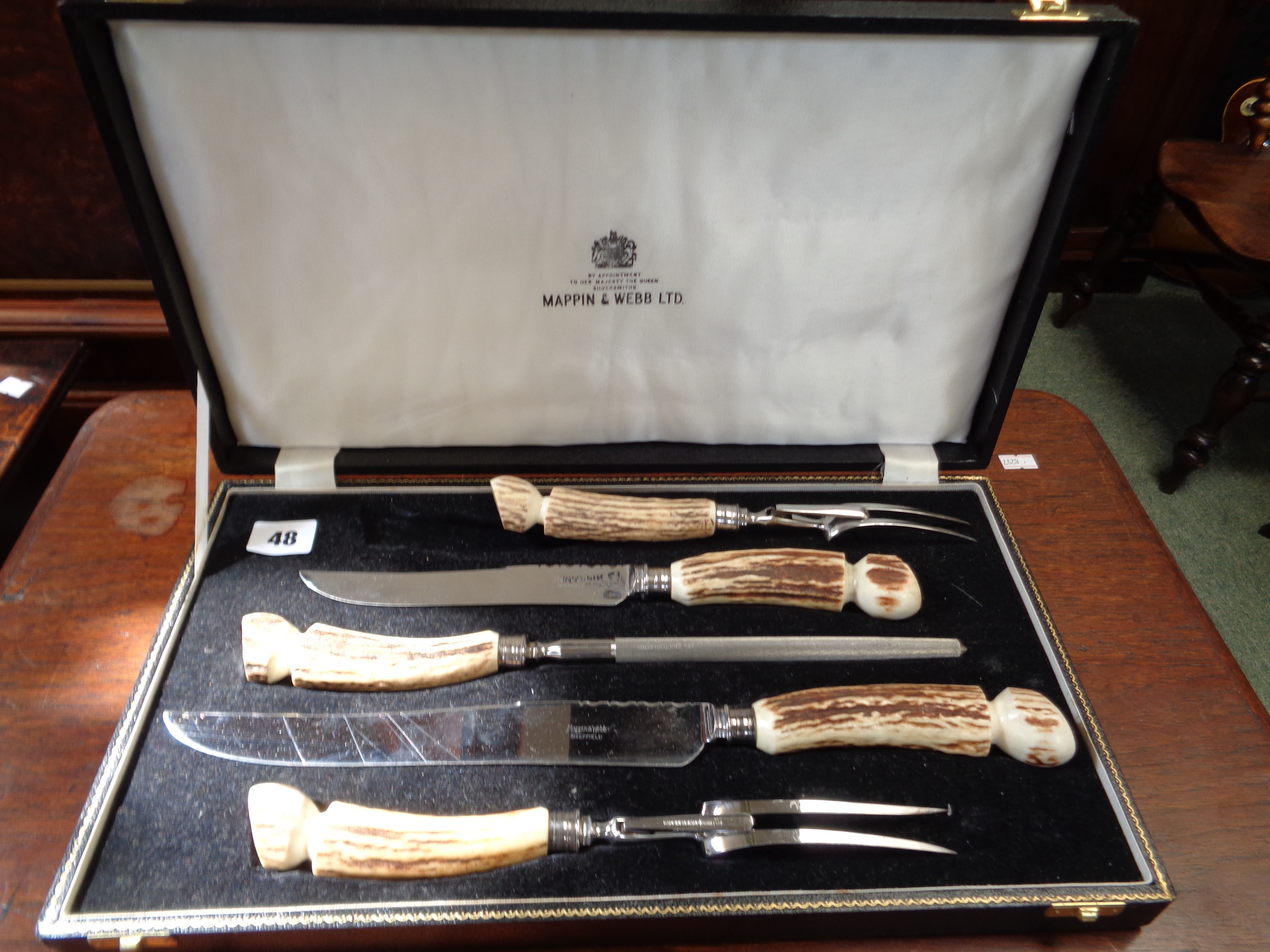 Cased Mappin & Webb of Sheffield Stainless Steel and Antler 5 Piece carving set