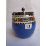 Wedgwood biscuit barrel with Silver-plated fittings, Fruit and floral decorated border with