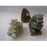 Republic of China Green Granite Guardian Lion, Jadeite censer and a Soapstone carved figure on cart,