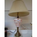 Bohemian Overlay Pink Glass converted Oil Lamp base with white overlay and applied floral