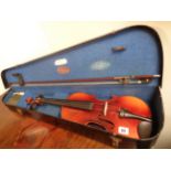 Edwardian Violin case marked Rushworth & Dreaper of Liverpool with a 20thC Violin and Bow, Condition