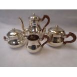 4 Piece French White Metal Ercuis Tea set with turned wooden handles engraved H, Condition - Good