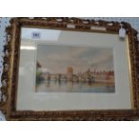 19thC Gesso framed watercolour of St Ives Bridge dated 1882 monogrammed AMAB, 28 x 16cm