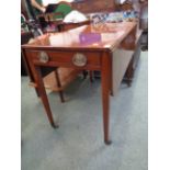 Early 19thC Mahogany Pembroke table with single drawer above tapering legs and brass casters,