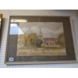 Unsigned watercolour of Grafham Church dated 30th May 1975, 39 x 29cm, Condition - Good Overall