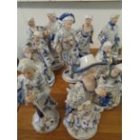 8 20thC Blue & White Porcelain gilded figurines in the manner of Meissen, Condition - some chipping