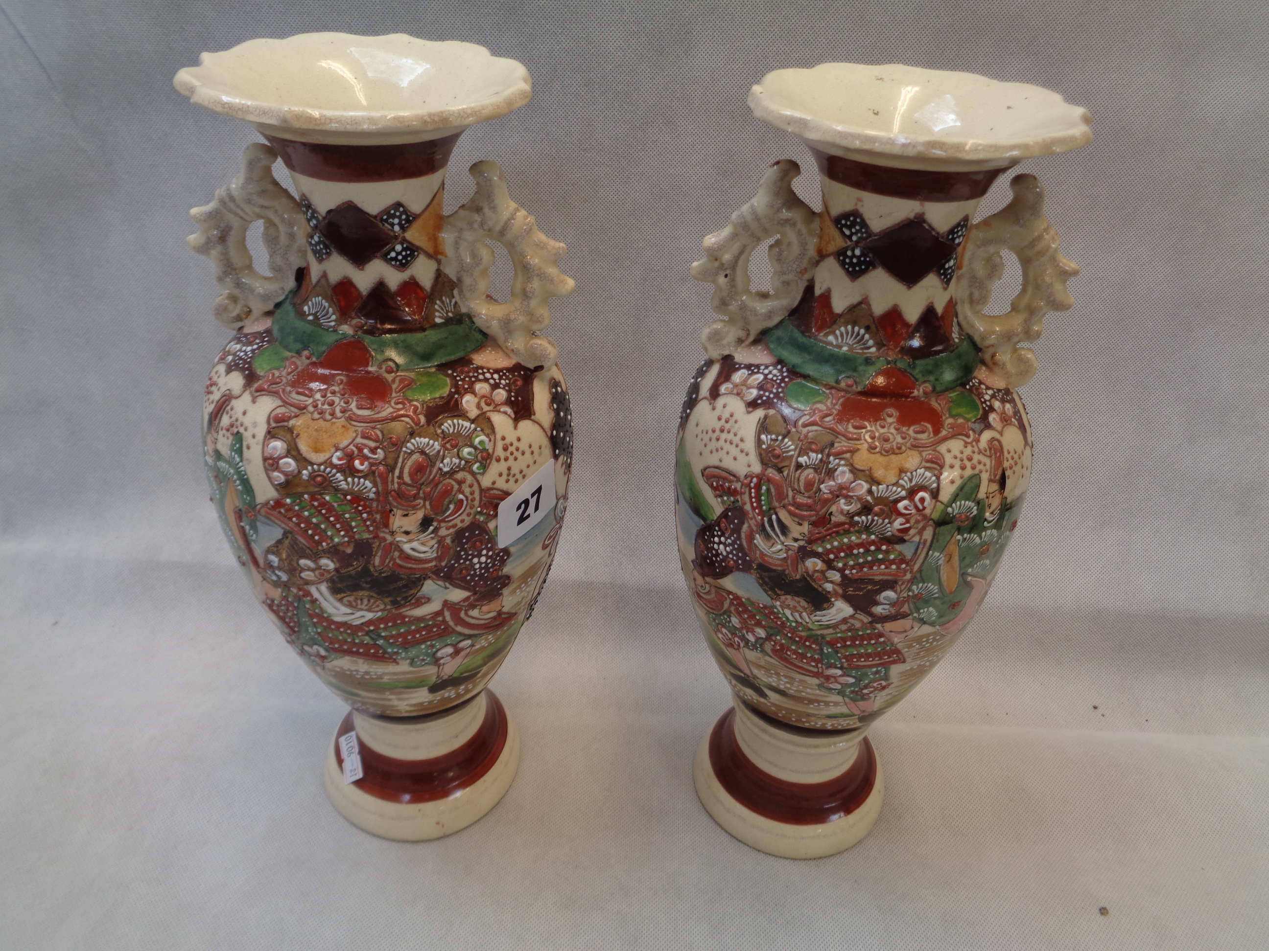 Pr. Of Satsuma mantel vases decorated with Samurai warrior, 31cm in Height, Condition - some crazing