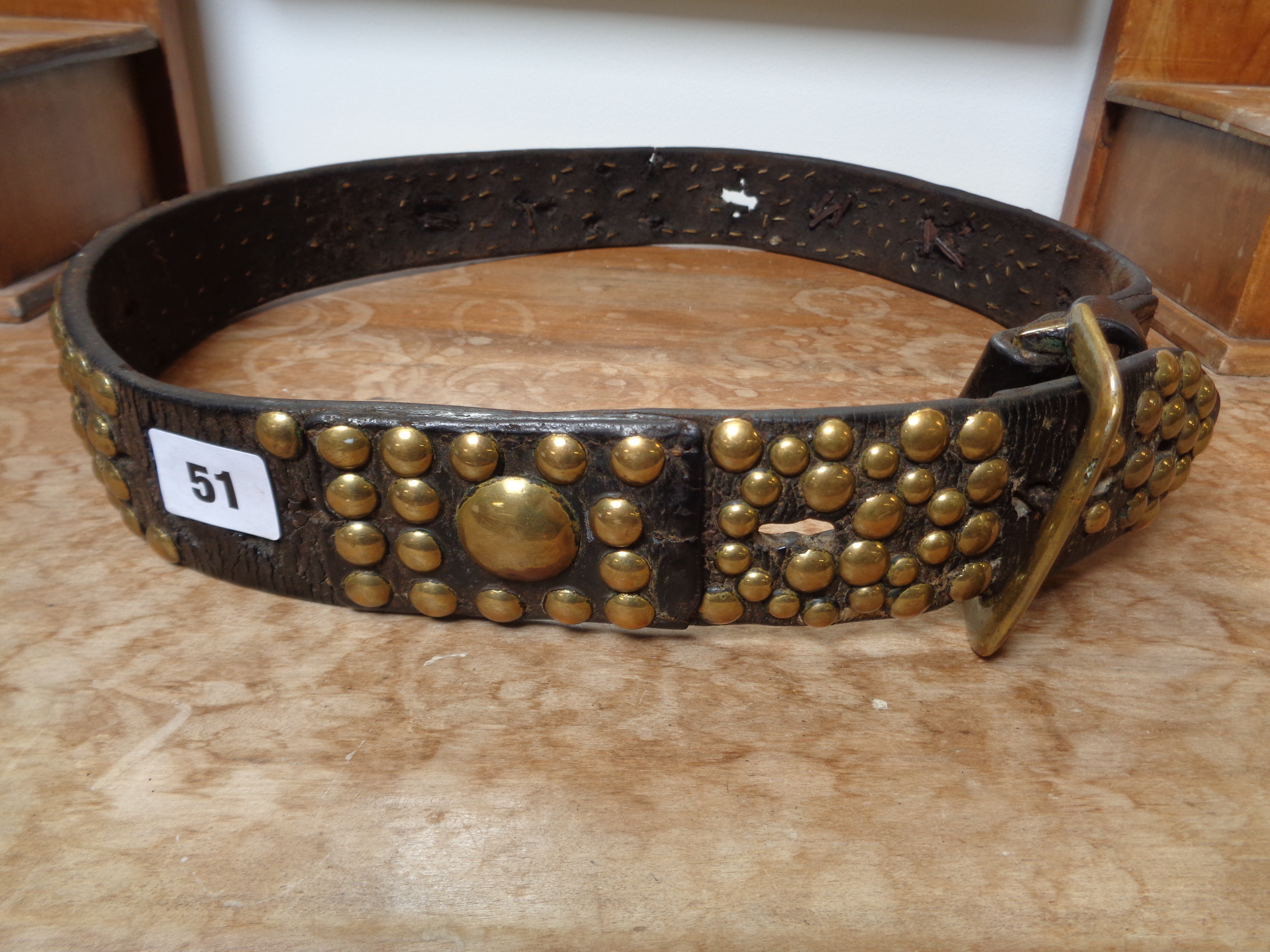 Early 19thC Leather Brass studded belt, Condition - Some holes and wear