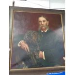 19thC Oil on canvas Portrait of a Elderly man seated with dog, unsigned, 72 x 77cm, Condition - Good