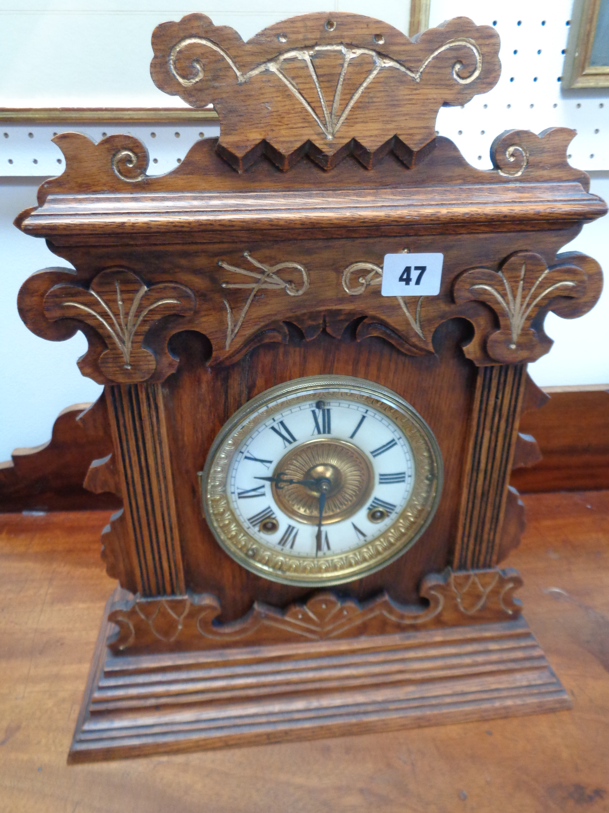 Ansonia Clock Co of New York Victorian Oak cased mantel clock with enamel and gilt dial, 43cm in