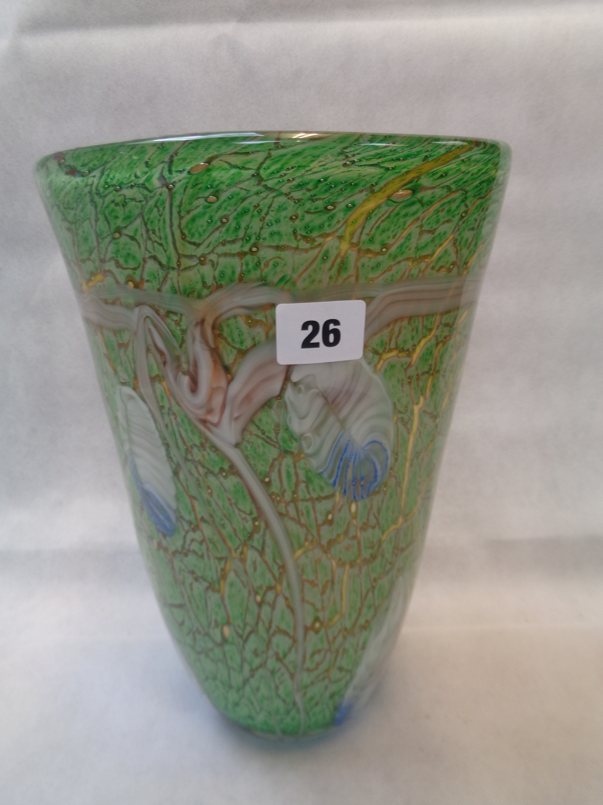 Large Green Art Glass Vase with green and gold veined decoration, 31cm in Height, Condition - Good