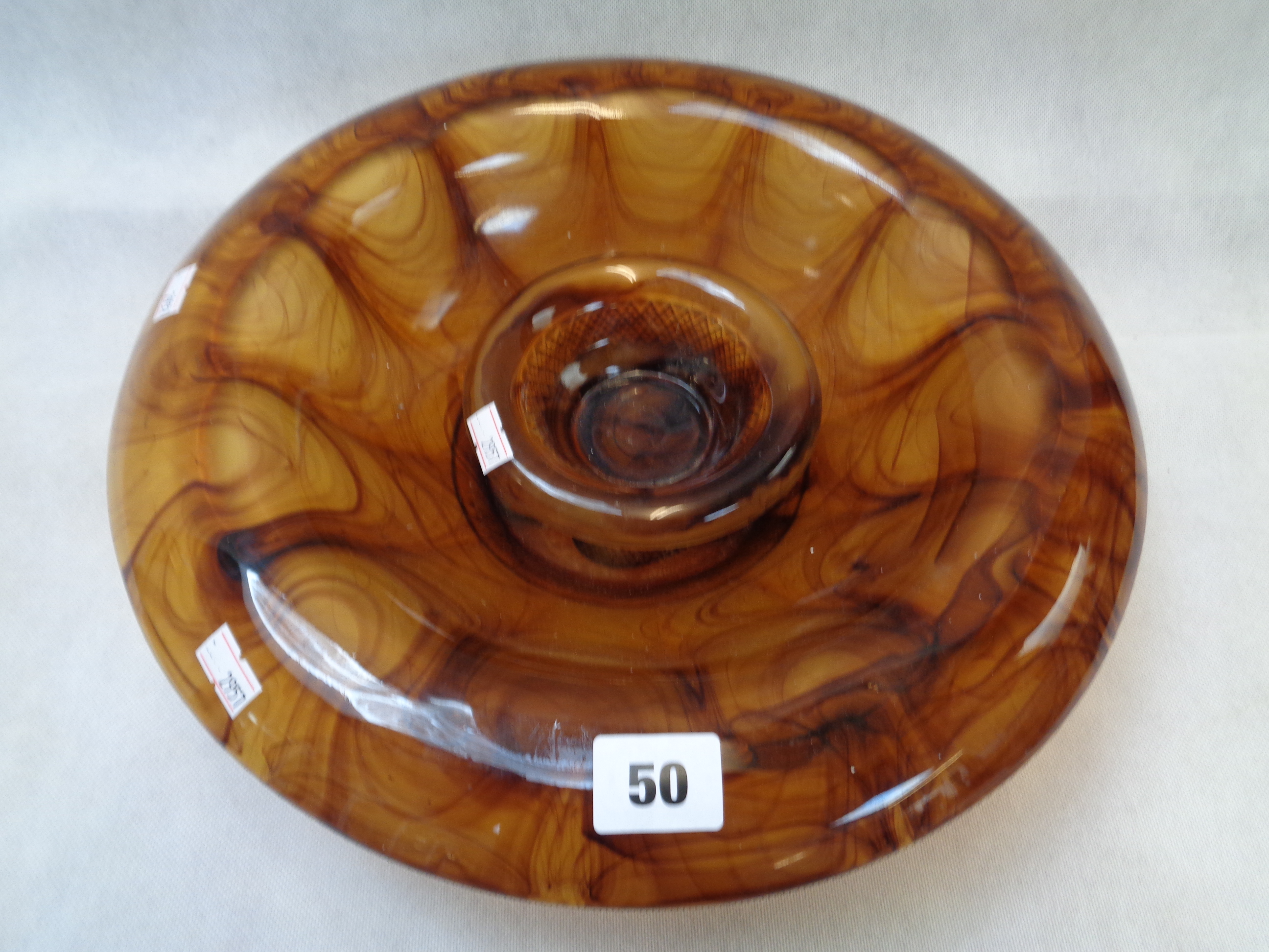 Davidsons Amber cloud glass bowl with fold over rim, 34cm in Diameter and a smaller bowl,