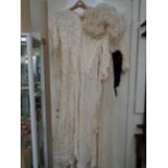 1920s Floral Silk Wedding dress with veil, and 2 Mink Fur shoulder wraps