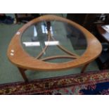 G-Plan 3 sided table with circular glass insert over bentwood support and straight legs, Condition -