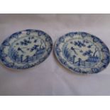 Pair of Early Delft Blue & White Tin Glaze plates in Chinese style depicting Cherry Blossom, Birds