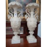 Pair of 19thC carved Alabaster floral mantel vases, Acanthus flared rims over foliate handles and