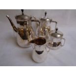 4 Piece Continental Silver plated planished Tea set with surmounted black knops, with gilded