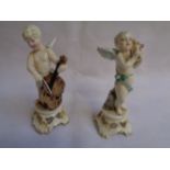 Pair of Continental Cherub Musicians, Harp & Cello mounted on scallop bases, impressed anchor mark
