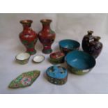 Collection of 19thC and later Chinese Cloisonné including 2 pairs of vases, Butterfly decorated