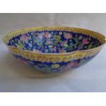 Pair of Chinese Republic Famille Rose Eggshell shaped porcelain bowls, blue ground with polychrome