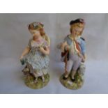 Pair of 19thC Derby Crown figures of a boy with bagpipes and sheep and a Girl with Goat, both with