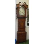 A 19th Century oak cased Longcase clock with arched painted dial, decorated figures and eight day
